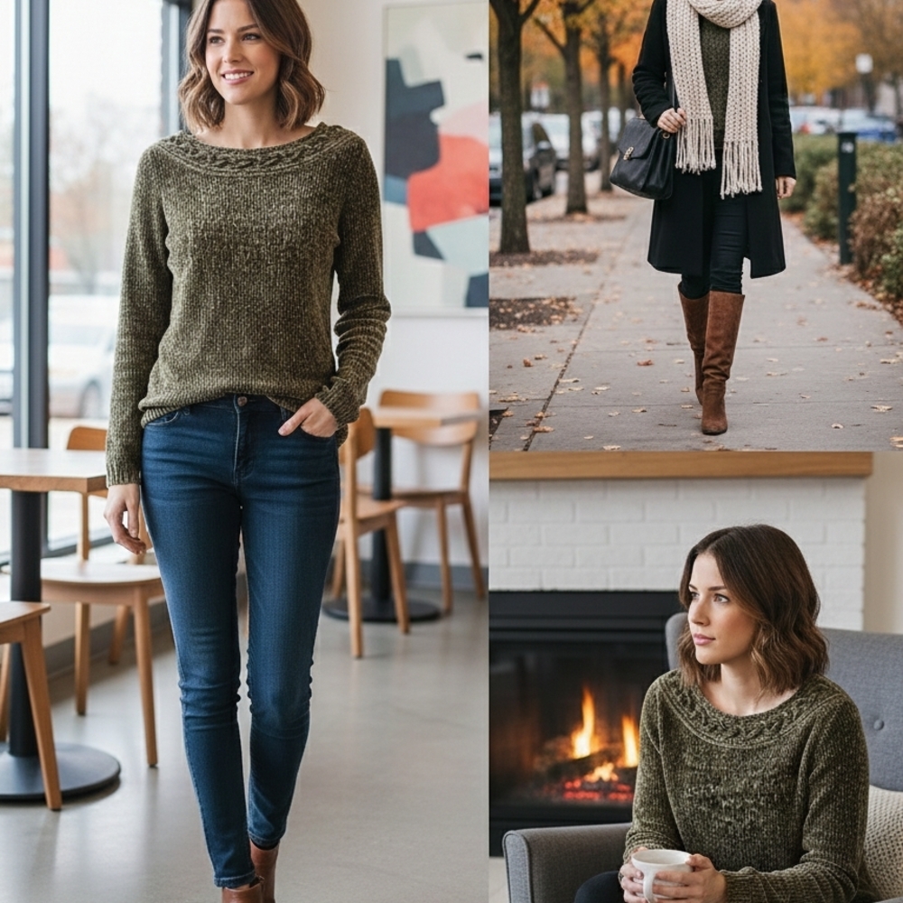Elegant Olive Women's Crew Neck Sweater